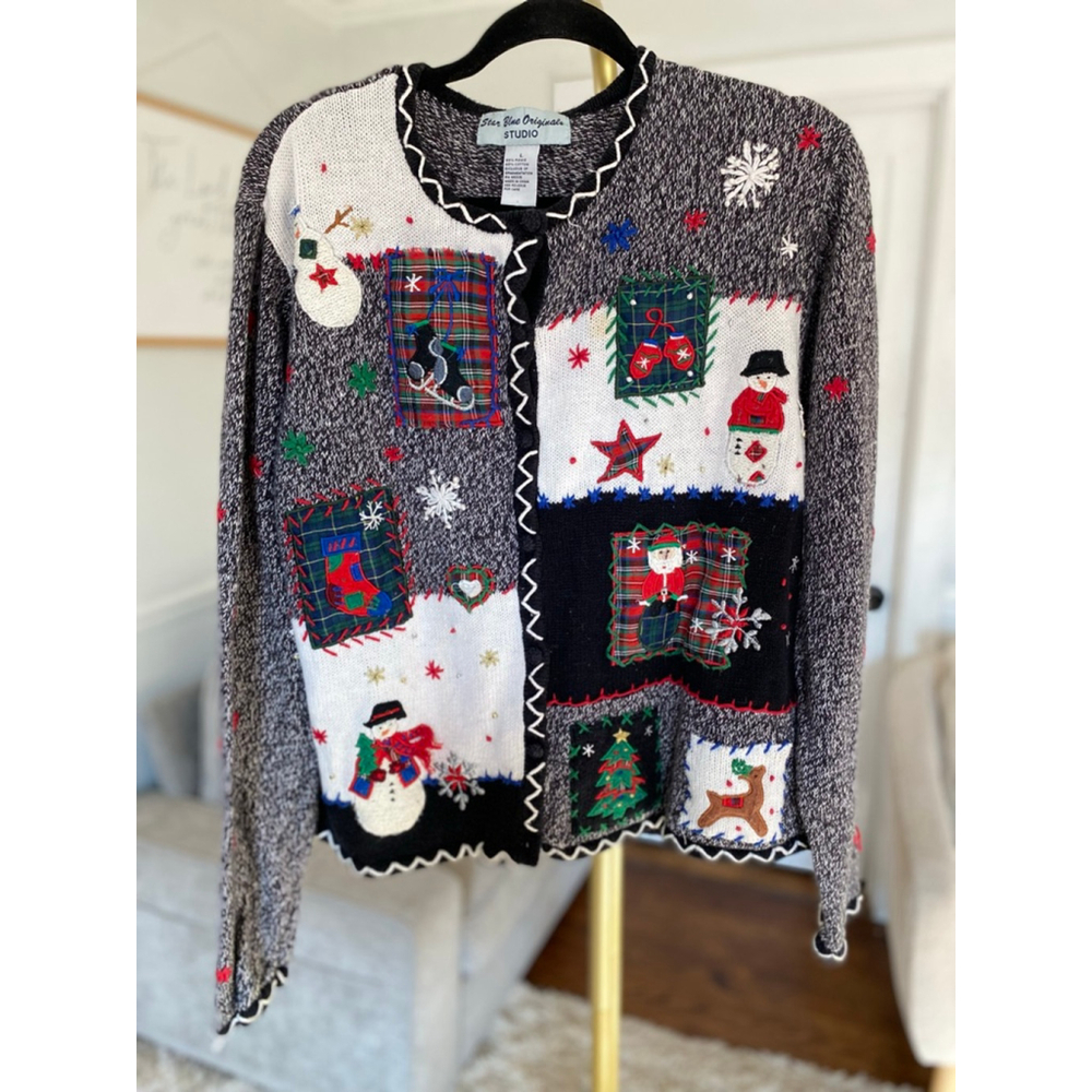 Vintage Christmas Patchwork Cardigan Quiet Luxury Holiday Cottagecore L - Picture 2 of 10